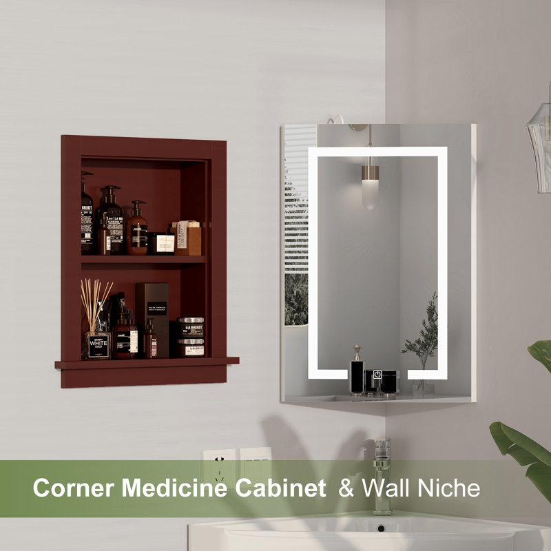 17.5"W X 4"D X 20.3"H Wall Niche Double Shelf Wood Recessed Shower Niche Cabinet Rectangle, Brown