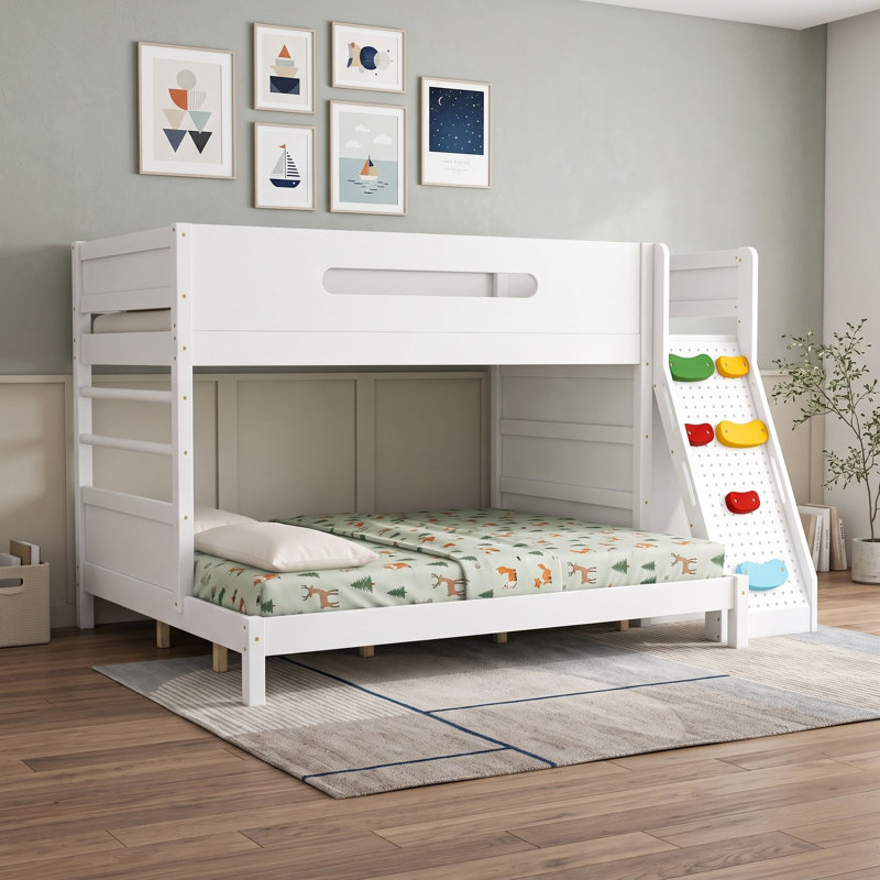 Lit superposé simple au-dessus de grand lit simple avec tablettes et garde-robe intégré, Simple TG sur grand, Blanc