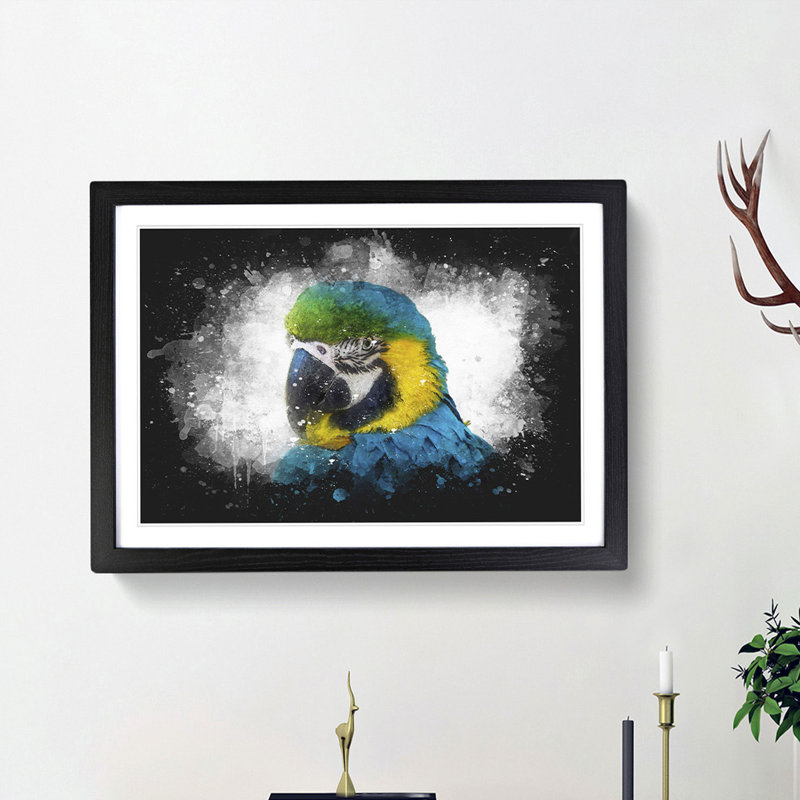 Blue and Yellow Macaw Parrot - Picture Frame Painting Print, 33cm H x 45cm W x 2cm D, Black Framed