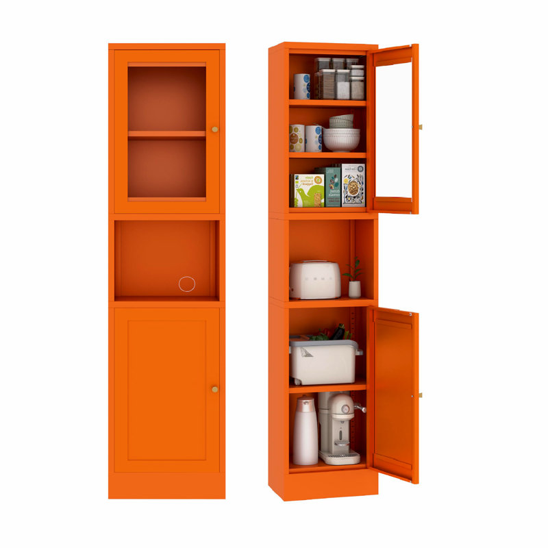 67" Tall Narrow Metal Storage Cabinet with Glass Doors & Adjustable Shelves(Orange), Orange, Glass model