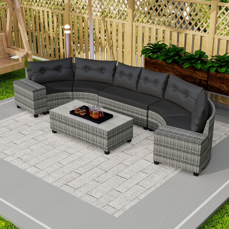 Ensemble de canapé d'extérieur en osier 8 pièces avec canapé modulaire incurvé, coussins, table basse et 2 tables d'appoint