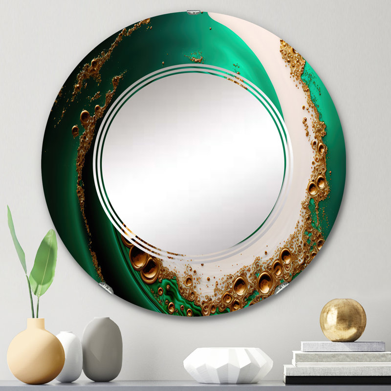 Paisleymae vert et or Crashing Waves I - Miroir mural moderne en spirale, 24 po x 24 po