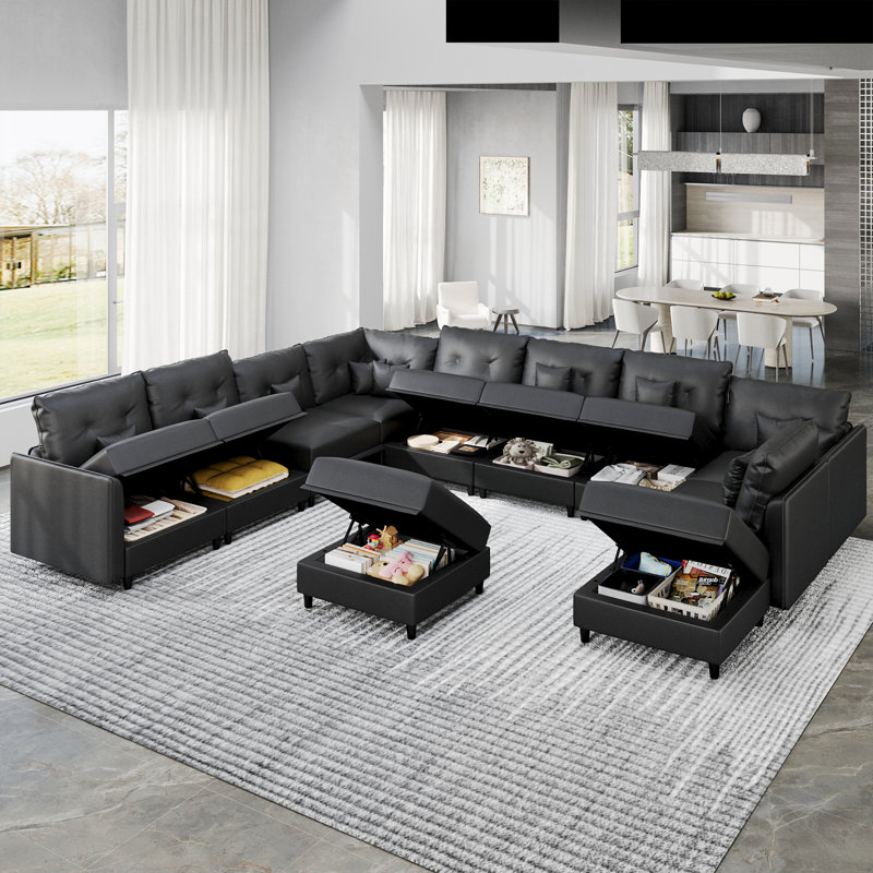 Accoudoir modulaire rembourré courbé avec rangement Brizzia, Black Faux Leather