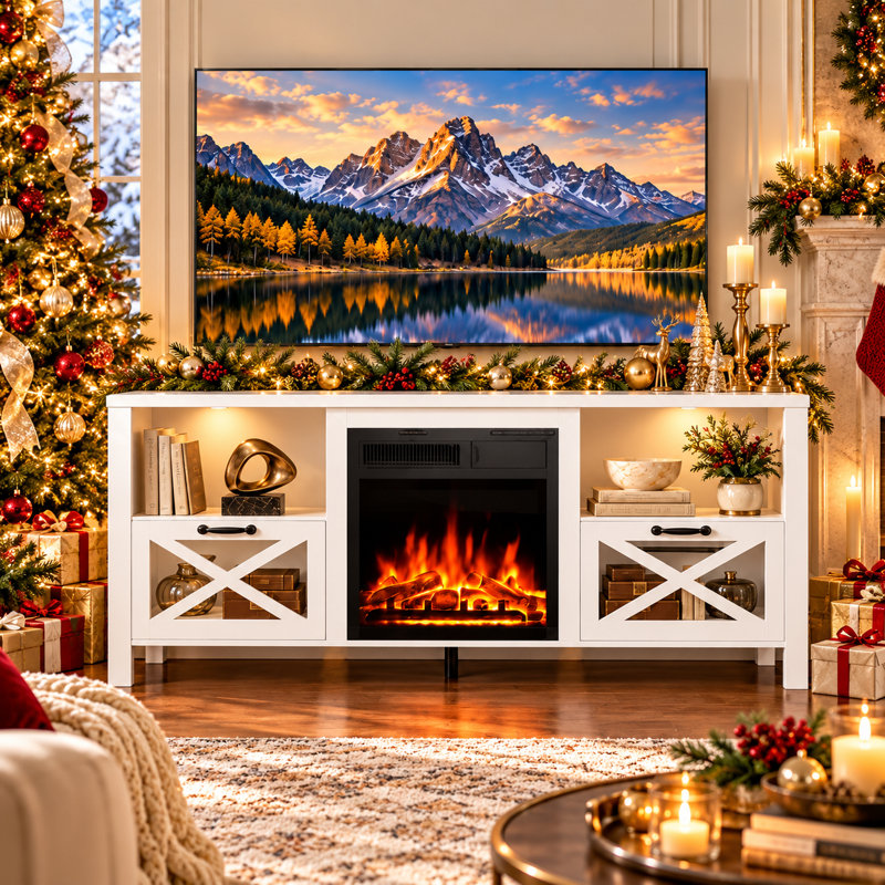 60" Modern TV Stand with 1500W Electric Fireplace & 7-Level Brightness, Media Console for TVs Up to 65"
