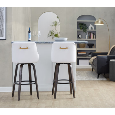 Harper 30" Fixed-Height Faux Leather Bar Stools with Bent Wood Legs & Round Footrest