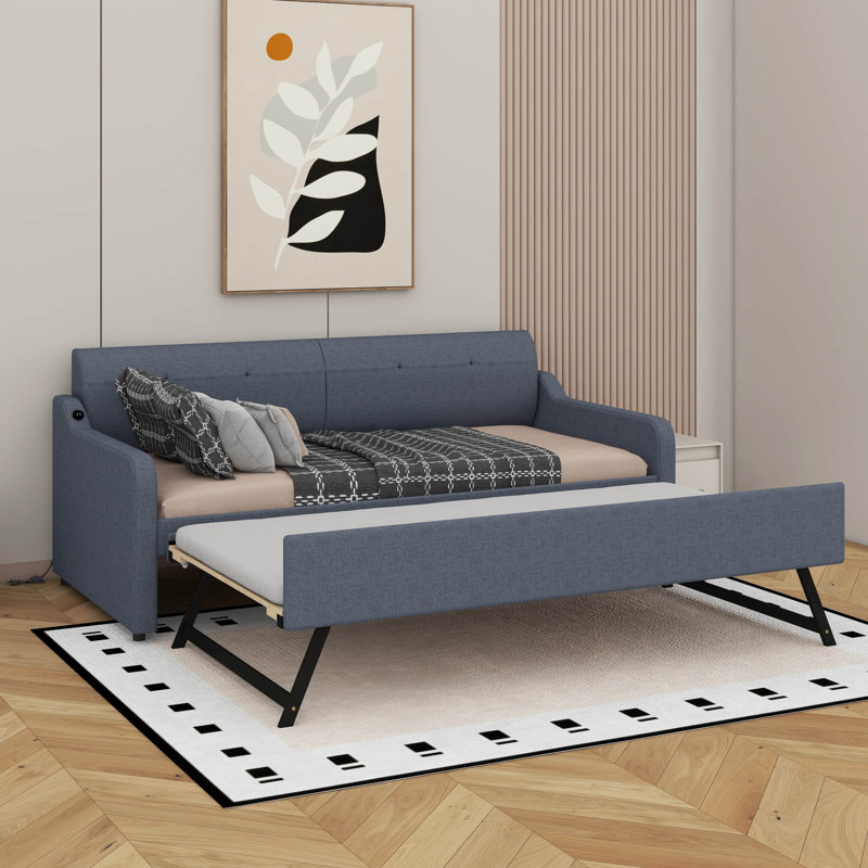 Twin Upholstery Daybed With Trundle And USB, Gray