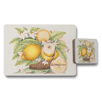 Lemon Basket Placemats And Coasters Set With Citrus Floral Design