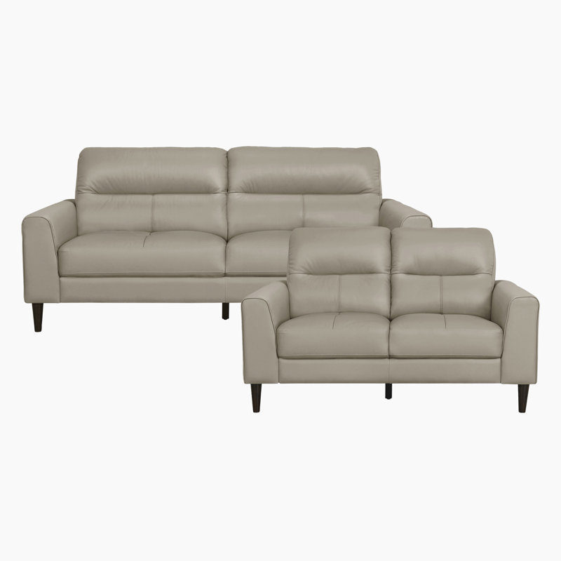 Upton Modern Contemporary Top Grain Leather 2-Piece Living Room Set with High-Density Foam Cushions, Solid Wood Legs & Attached Seating