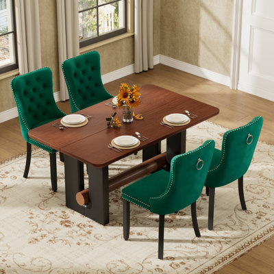 Ensemble de table de salle à manger moderne en noyer avec chaises en velours 4/6, bois aggloméré et bois massif pour les petits espaces