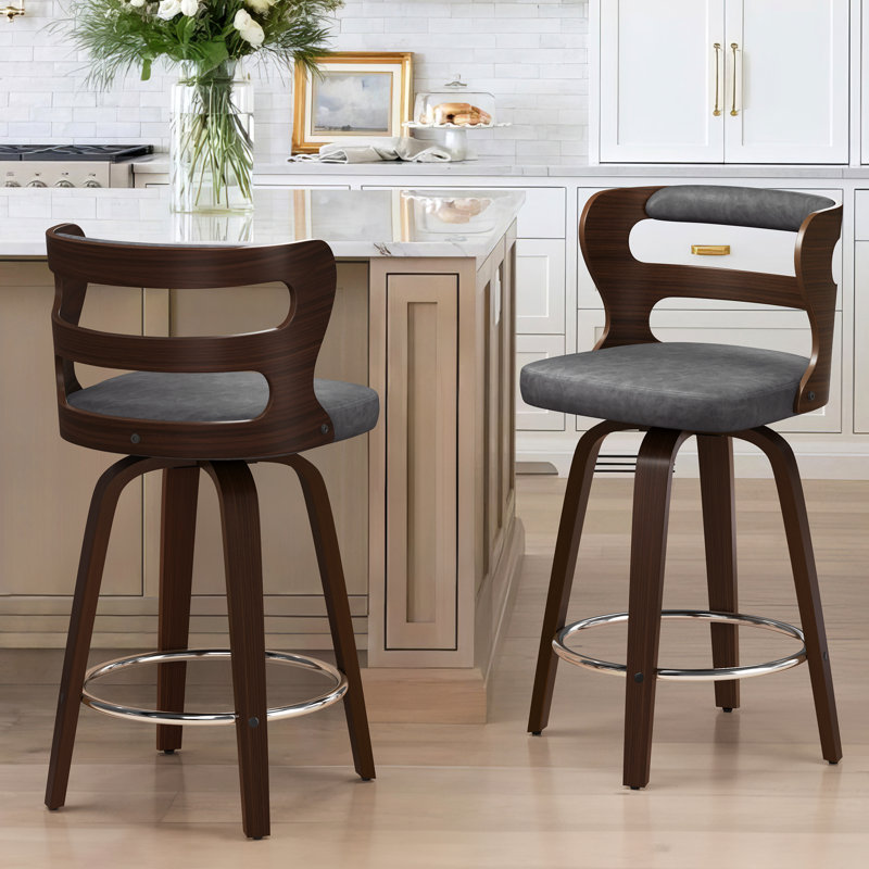 Deshunda Swivel Upholstered Counter Stool with Solid + Manufactured Wood Frame (Set of 2), Gray/Black