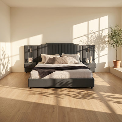 Lit plateforme tapissier en velours avec table de chevet intégrée l 81 po x P 81 po x H 12 po Aurelius