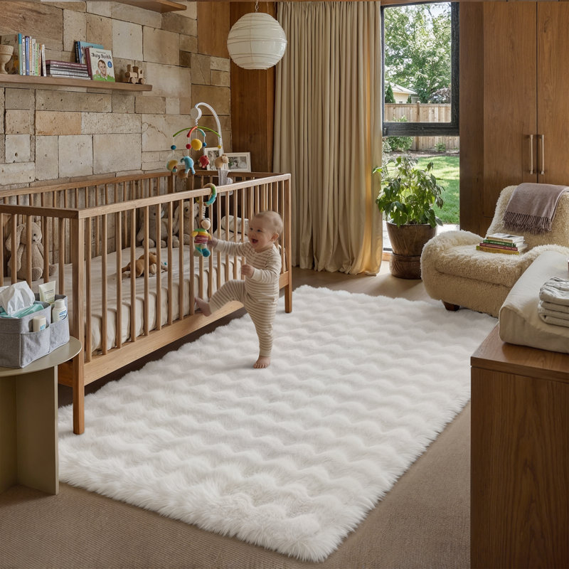 Tapis moderne en lapin uni doux et antidérapant lavable à la machine, Rectangle 3' x 5', Blanc