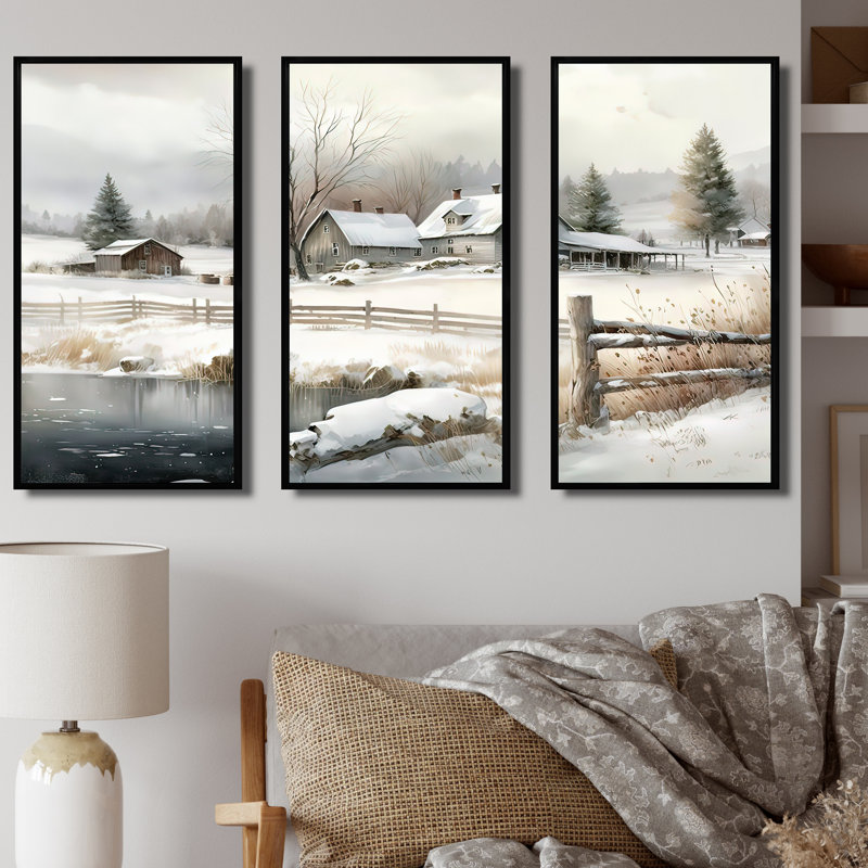 Indiana Farm In Winter - 3 pièces sur toile, Cadre flottant noir, H 32 po x l 48 po