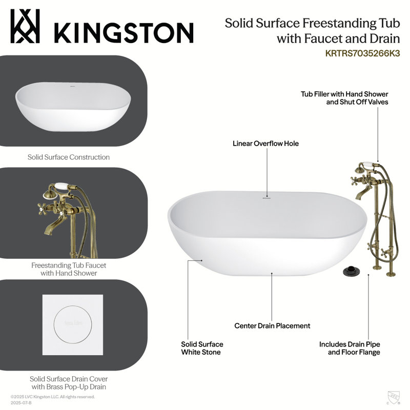 Baignoire autoportante ovale à deux extrémités de surface solide de 70 pouces avec robinet et drain Kingstonstone