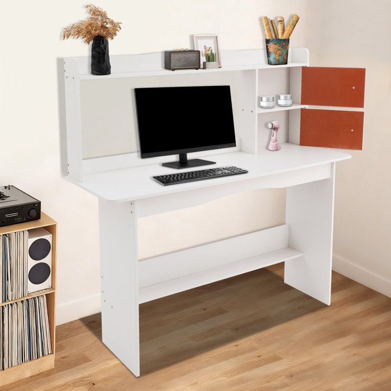 Bureau d'écriture autoportant en MDF blanc chaud avec bibliothèque et armoires de rangement pour bureau à domicile