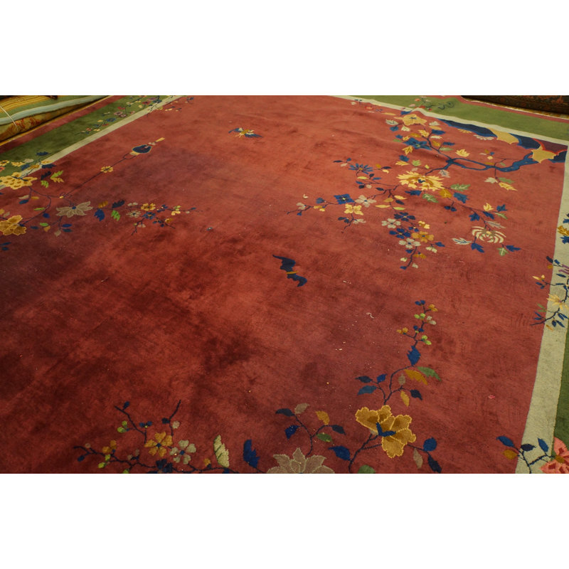 Large Hand Knotted Pile Wool Rectangle Antique 1920s Coral / Salmon Pink Rug