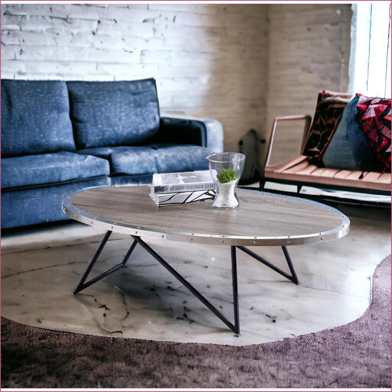 Table basse ovale en chêne gris avec base en métal - Style industriel pour le salon, conception robuste