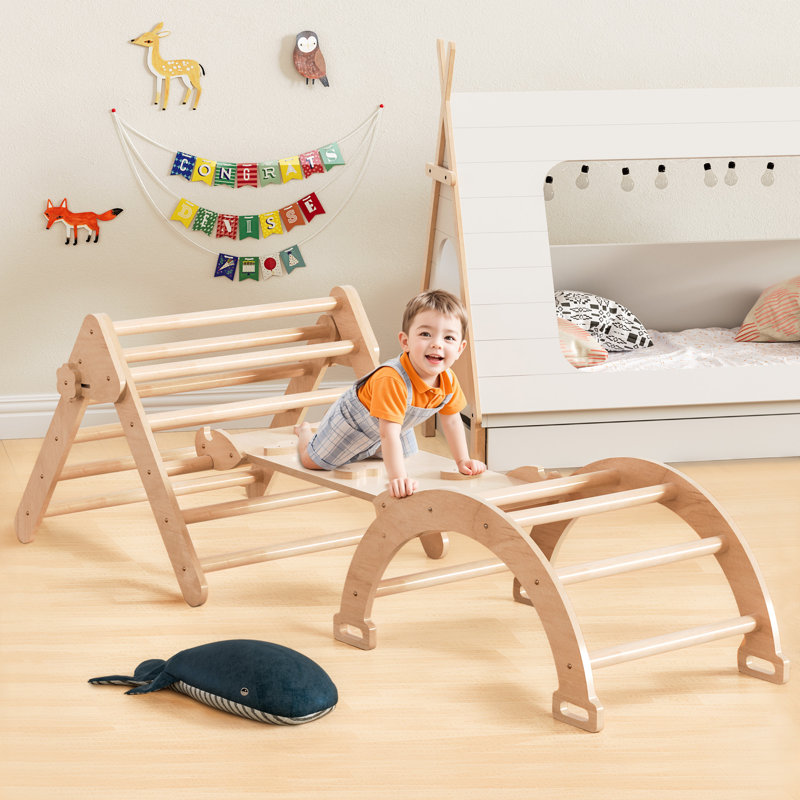 5-in-1 Foldable Pikler Triangle Set for Toddlers with Arch Climber Rocker Jungle Gym
