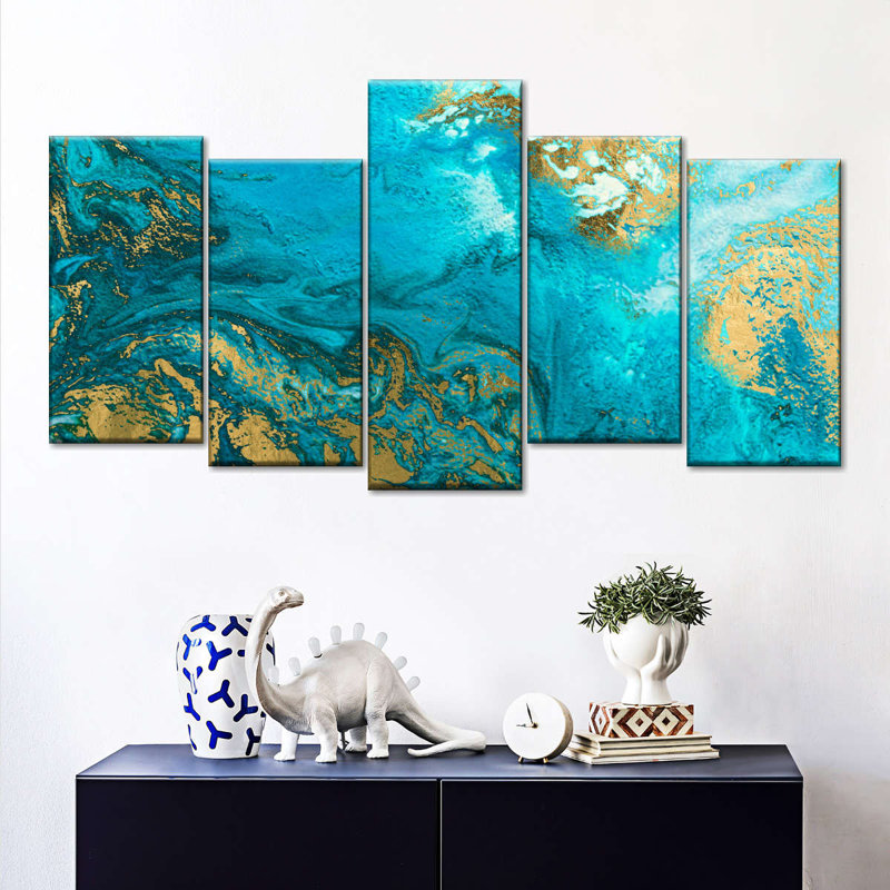 Abstract Blue And Gold Abstract Texture Multi Piece Canvas Print On Canvas 5 Pieces by Blair A Set, 48" H x 94" W x 1.25" D