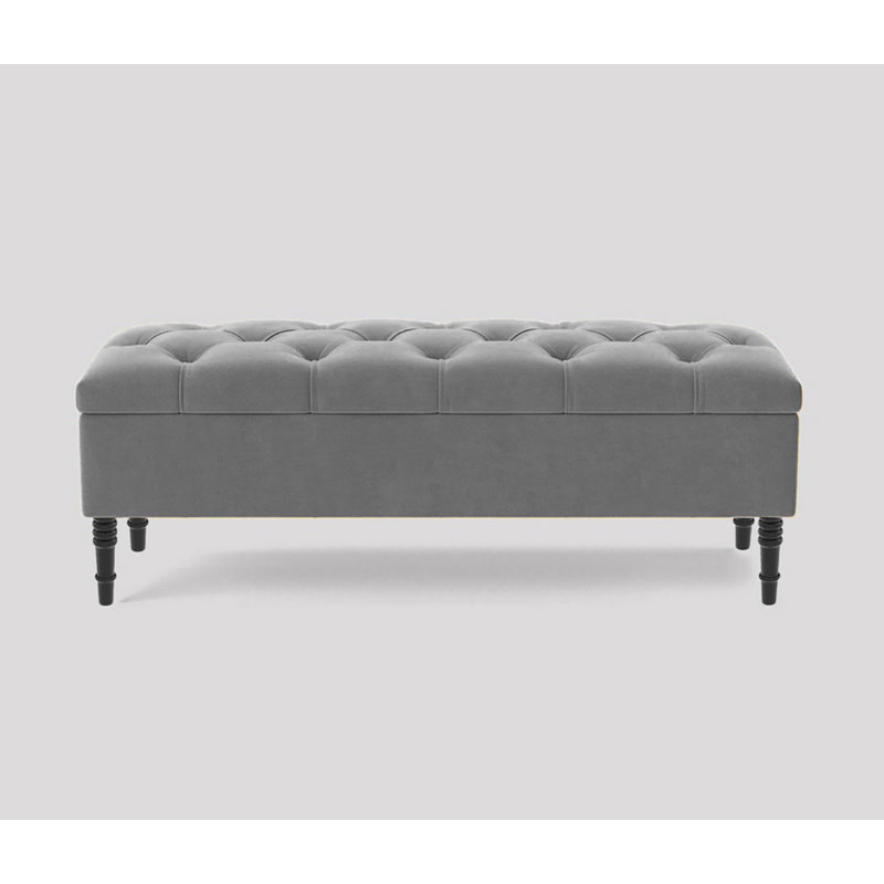 Alyana Wide Tufted Rectangle Ottoman Storage Bench - Upholstery Velvet Shoe Bench with Turned Wooden Legs, Grey