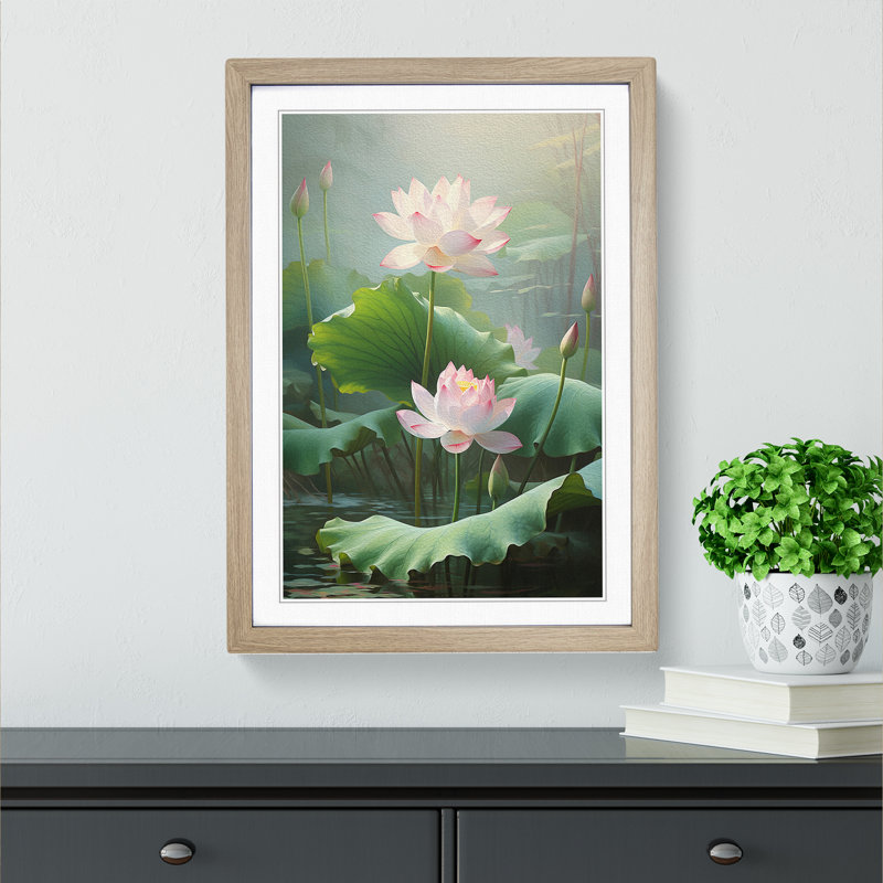 XYZ-FRM-V1223-4325 Lotus Flower Classicism No.2 - Single Picture Frame Print on Wood, Oak, 46cm H x 34cm W x 2cm D