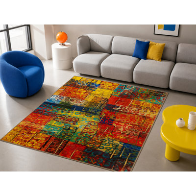 Modern Orange Red Woven Based Washable Rug