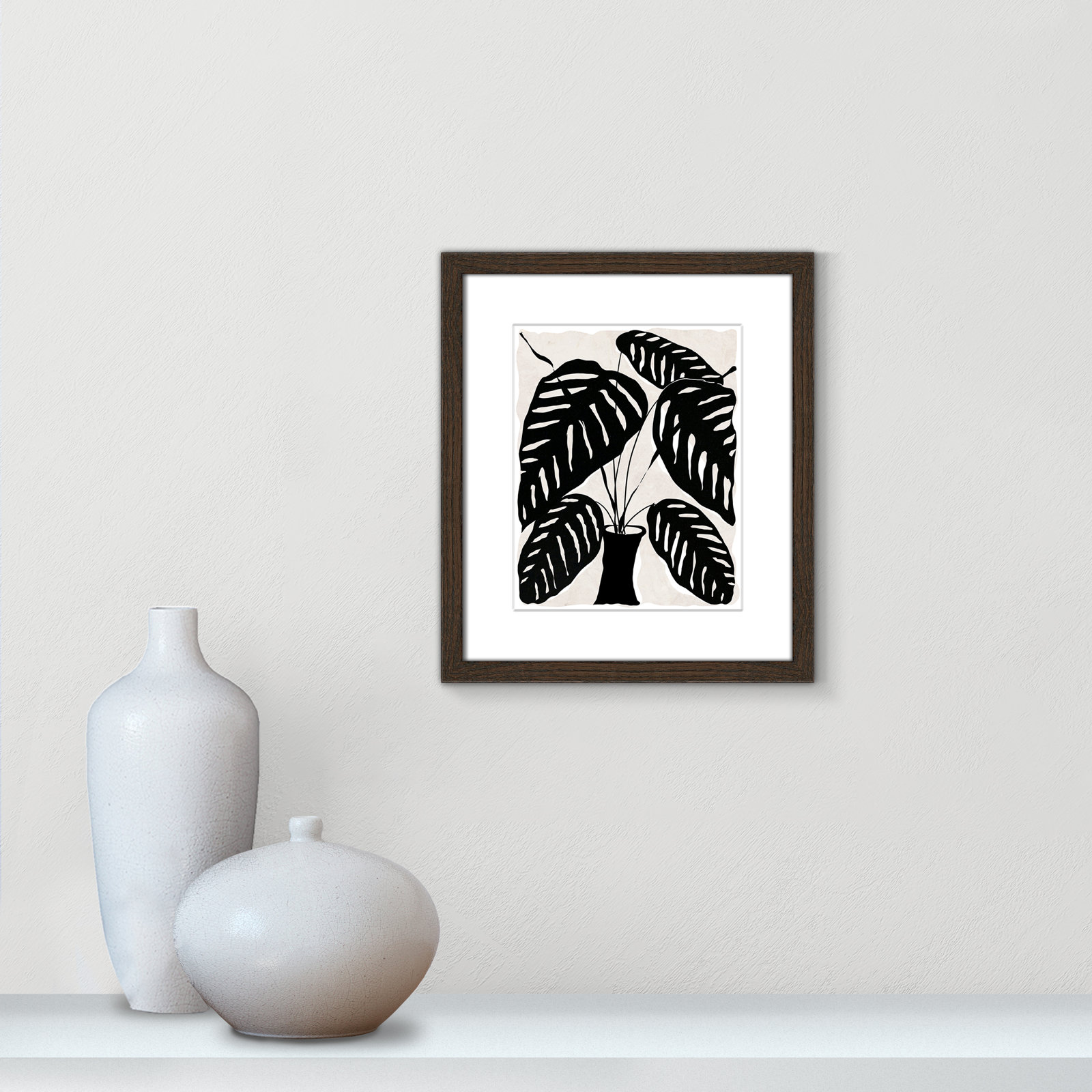Black and White Potted Plant I Print, 15" H x 13" W x 0.75" D, Walnut Framed