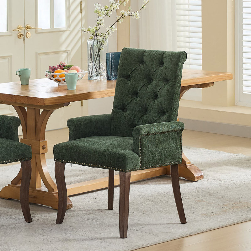 Elegant Upholstered Chenille Fabric Accent Dining Chair With Curved Solid Wood Legs And Tufted Design For Dining Room, Kitchen, And More