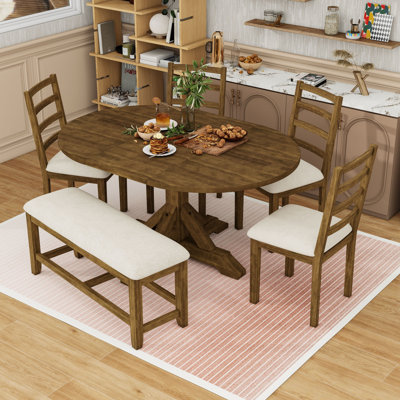 Ensemble de table de salle à manger 6 pièces, table de salle à manger extensible avec rallonge amovible, chaises rembourrées et banc