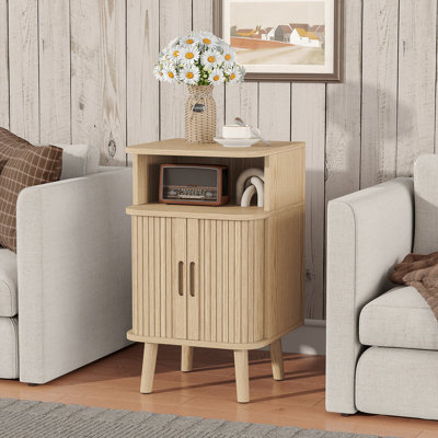 Mid Century Modern Nightstand, Fluted End Table With Open Shelf and Storage Cabinet, Curved Round Edge Wood Bedside Table with Slide Doors