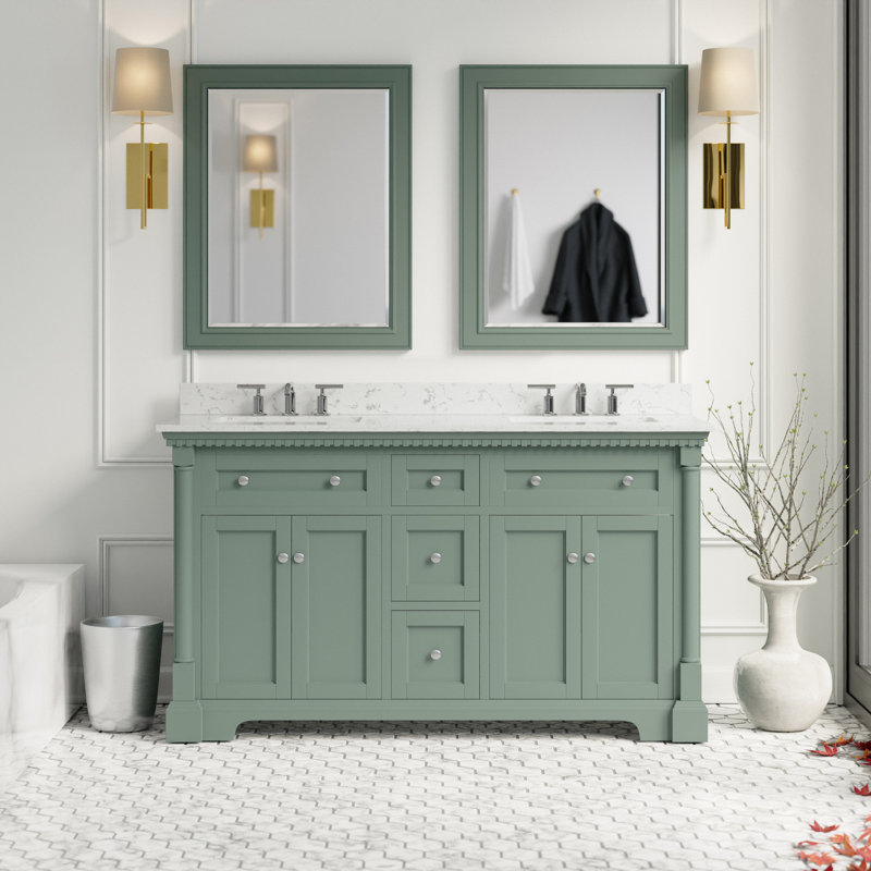 Ensemble de meuble-lavabo double 60 po avec armoire vert sauge et comptoir en marbre, Vert sauge, Marbre d'ingénierie