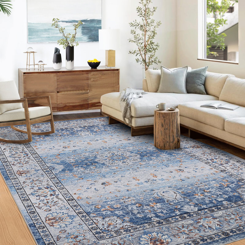 Retro Bohemia Aesthetics Distressed Rug Machine Washable Indoor Low Pile Non Slip Area Rug for Living Room Bedroom Stain Resistant Non-Shedding Durable Carpet Soft Floor Mat Room Decor