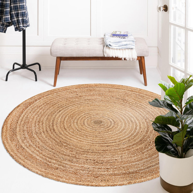 Tapis turgutreis tressé de couleur beige naturel, Rond 3 pi 3 po