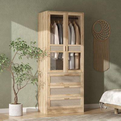 78.7" H Rattan Armoire with Glass Doors, 3 Drawers & Shelves, 31.5" W x 19.5" D Tall Wardrobe Storage Cabinet