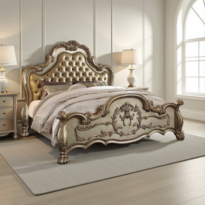 Grand lit à panneau en bois Taille avec tête de lit rembourrée et capitonnée, crème et doré