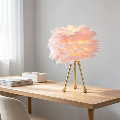 Pink Feather Tripod Table Lamp, 14.5 Inch Romantic Fluffy Feather Shade Bedside Lamp with Polished Gold Metal Tripod Base, Standard E26 Socket, Bulbs Not Included, Decorative Nightstand Lamp for Bedroom Entryway, Ideal Holiday Gift