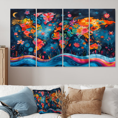 Carte du monde abstrait orange et bleu - ensemble d'art mural sur toile carte du monde
