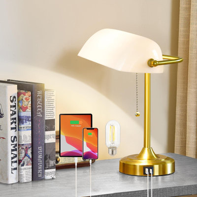 Vintage Desk Lamp Bankers Lamp - Retro Table Lamp With USB & Type C Charging Ports Traditional Pull Chain Switch. (Gold)