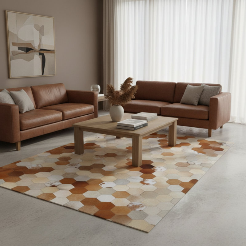 Tapis en cuir de vache brun et crème Patchwork
