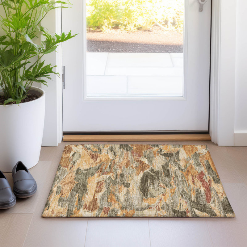 Copper and Beige Abstract Washable Synthetic Rug 20" x 30"