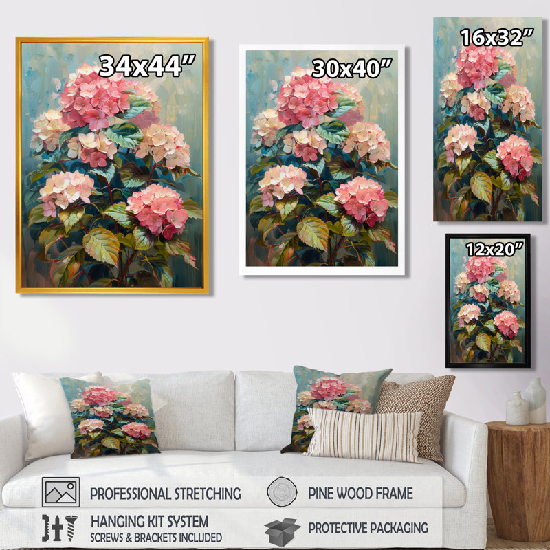 Hortensia rose et bleu qui fleurit en été IV - hydrangées, art mural, H 24 po x l 32 po, Toile tendue