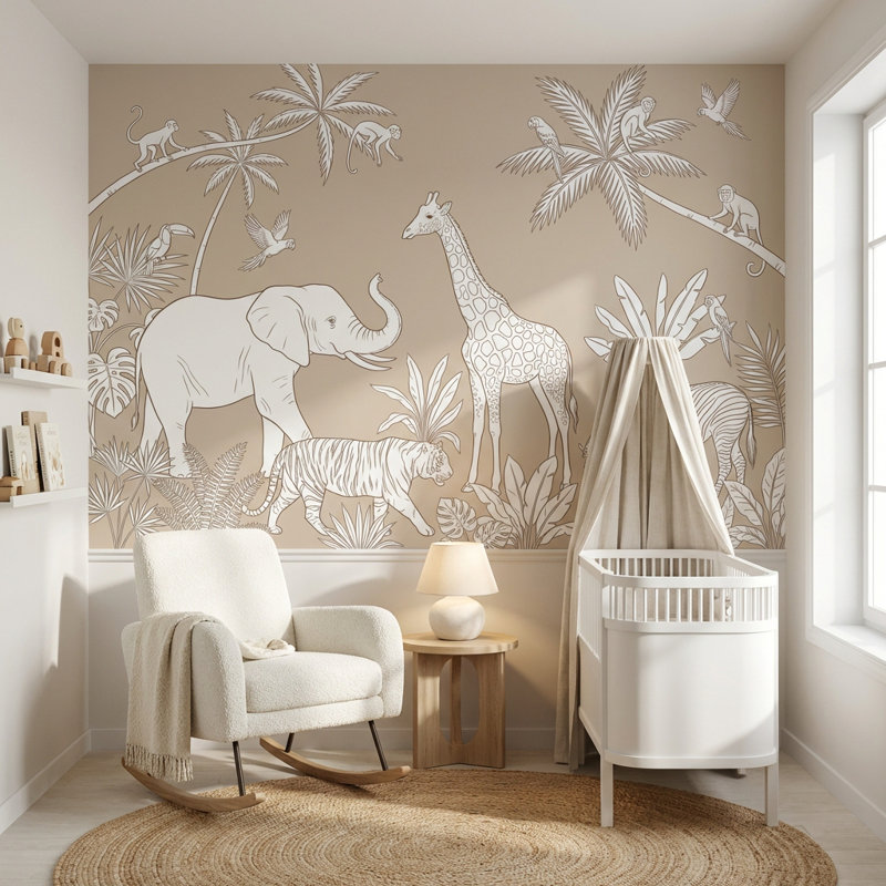 Papier peint animaux safari, jungle tropicale, 160 po x 108 po, Non tissé non collé