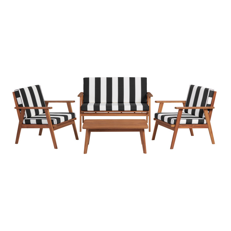 4 - Person Solid Acacia Wood Outdoor Seating Group with Cushions, Black Stripe