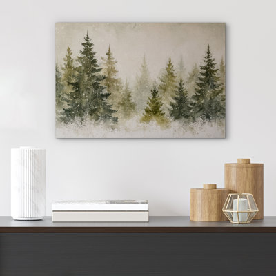 «Snowy Pine Forest Tranquil Winter Landscape Nature Decor», reproduction d'art sur toile encadrée