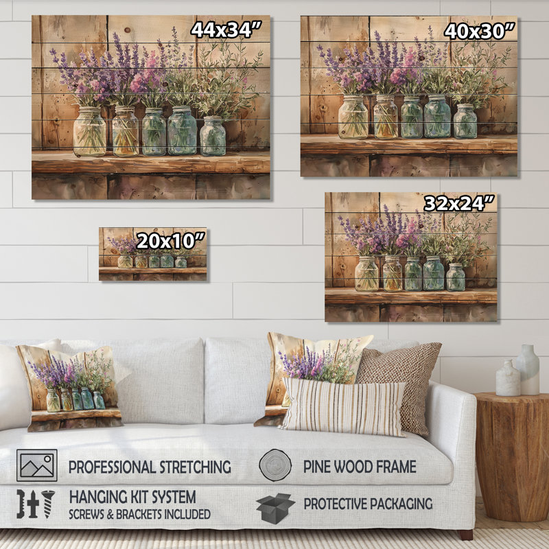 Lavande et bouquet de romarin II - décoration murale en bois de lavande - sur bois de pin naturel