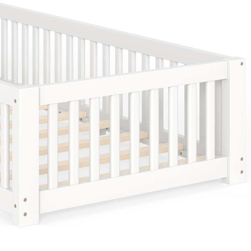 Wood Floor Bed with Safety Guardrails & Removable Door, Montessori Toddler Bed Frame, Twin, White