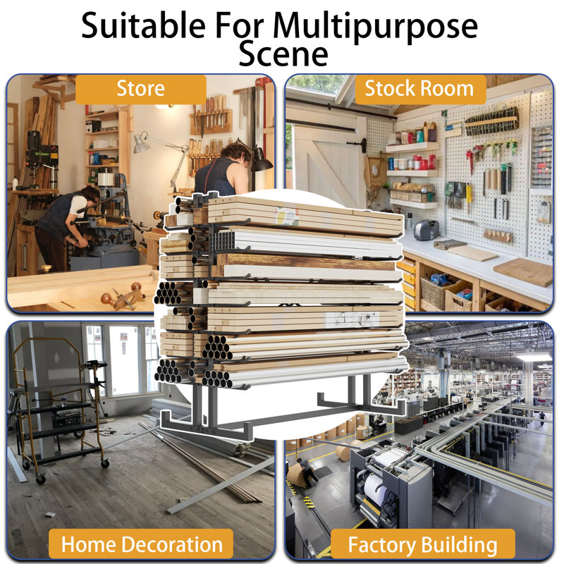 Support de rangement en bois robuste et support à tuyaux | Support en porte-à-faux réglable avec capacité de charge de 2 000 lb | Cadre en acier à contreventement en X pour utilisation en usine, dépôt et maison - noir