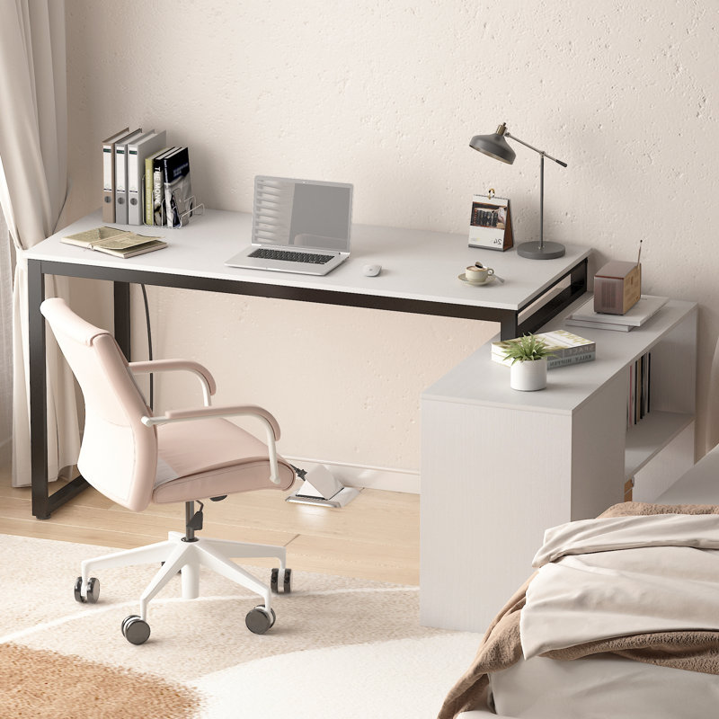 Bureau d'ordinateur en L avec tiroirs et tablettes de rangement réversibles
