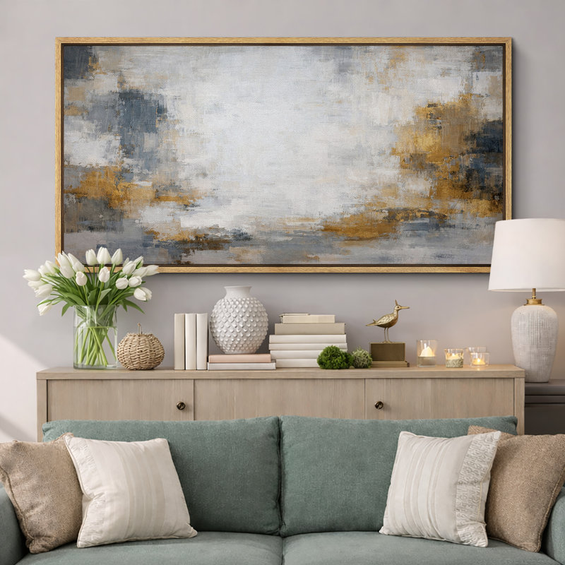 Abstrait, neutre, gris doré, horizon, paysage, images de salon calmes, impression sur toile encadrée, Natural Frame