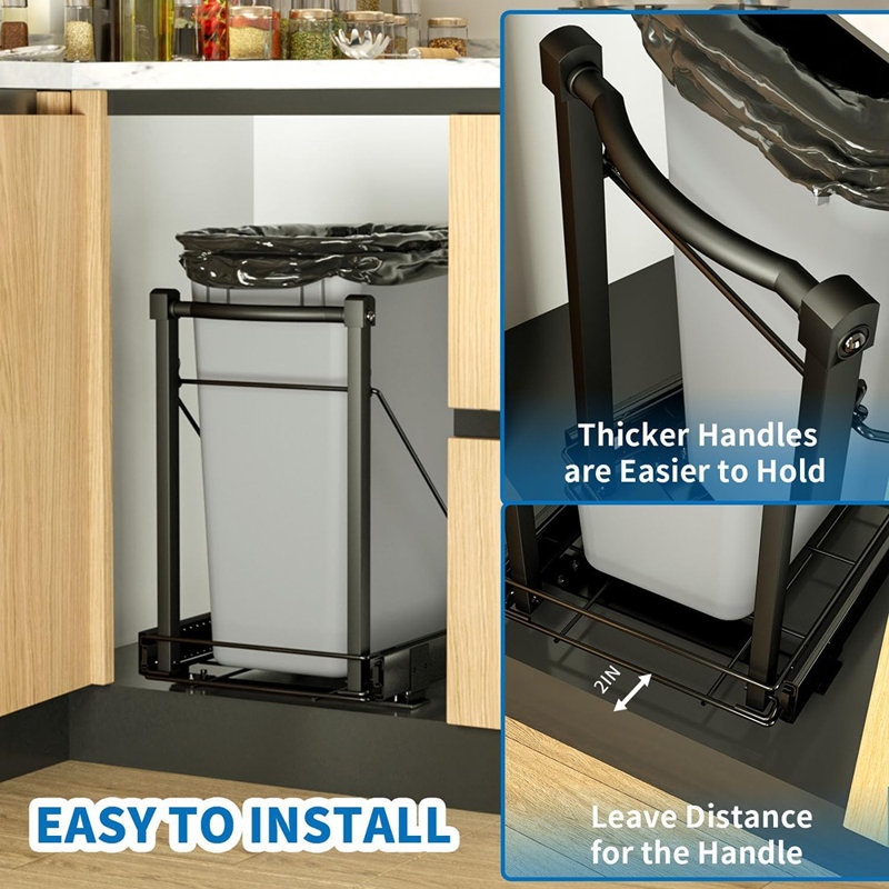 Adjustable Under-Cabinet Pull-Out Trash Can Organizer With Soft-Close Rails, Heavy-Duty Black Steel, Fits 7–13 Gallon Cans